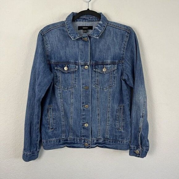 Forever 21 Oversized Jean Jacket Blue Denim Relaxed Boyfriend Coat Size Small - Picture 1 of 9